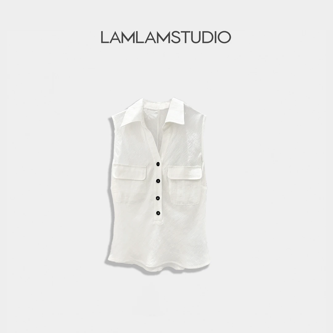 “冰点墨玉”女装上衣白色翻领纯色无袖亚麻衬衫 张一琳 L252270T