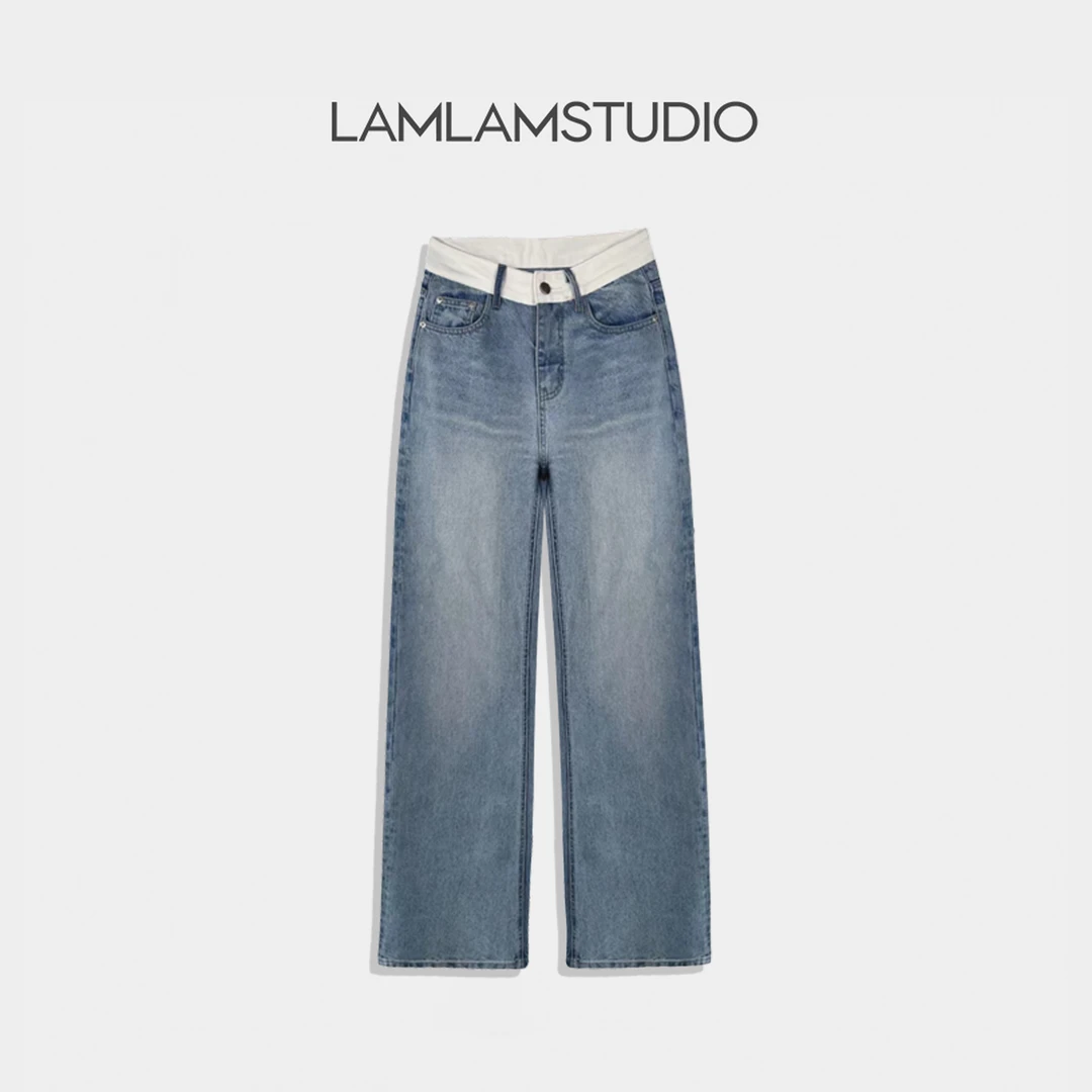 “西海岸公路”2024新款小众撞色阔腿牛仔裤 张一琳 L252298N