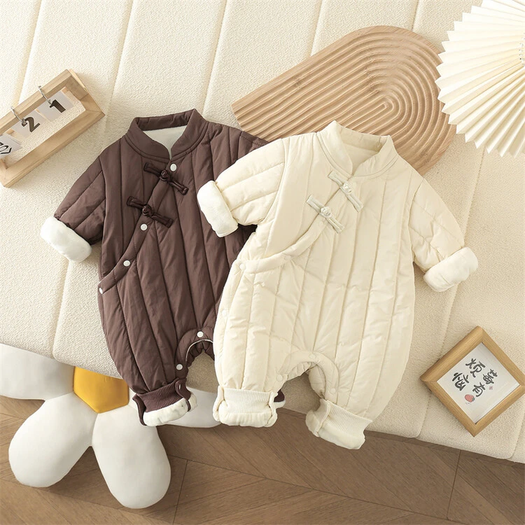 宝宝婴儿冬款秋冬季连体衣夹棉外出服加绒斜门襟保暖宝宝冬季衣服