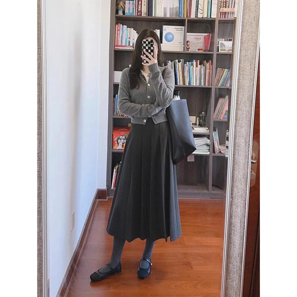 大码灰色西装半裙春秋显瘦百褶裙胖mm适合小个子垂坠感好的半身裙