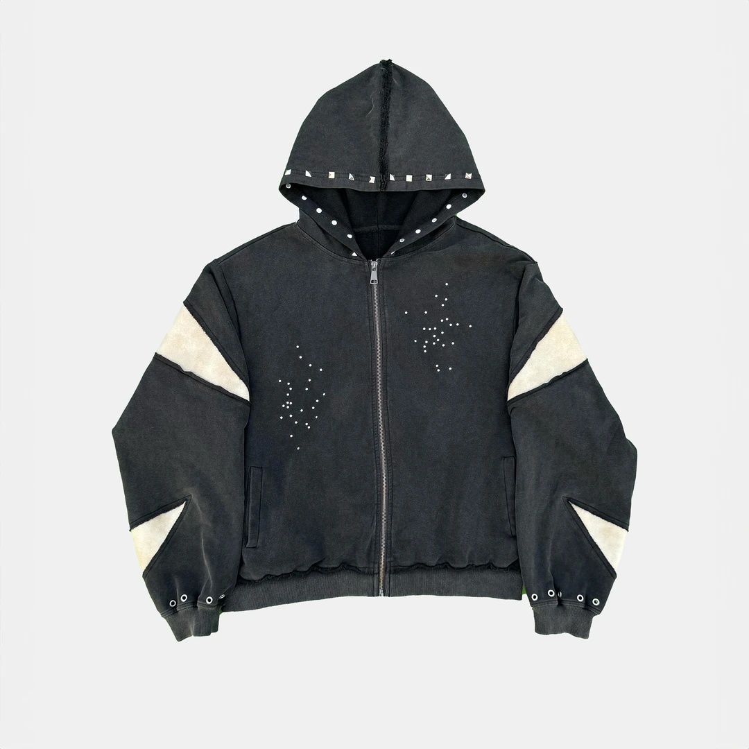 SEXXDEVIL做旧水洗拼皮破坏毛边重工艺烫钻连帽拉链卫衣上衣套装