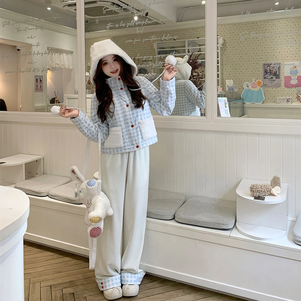 奶蓝小熊 织物猪原创 秋冬蓝格棉服外套女秋冬保暖百搭舒适长裤