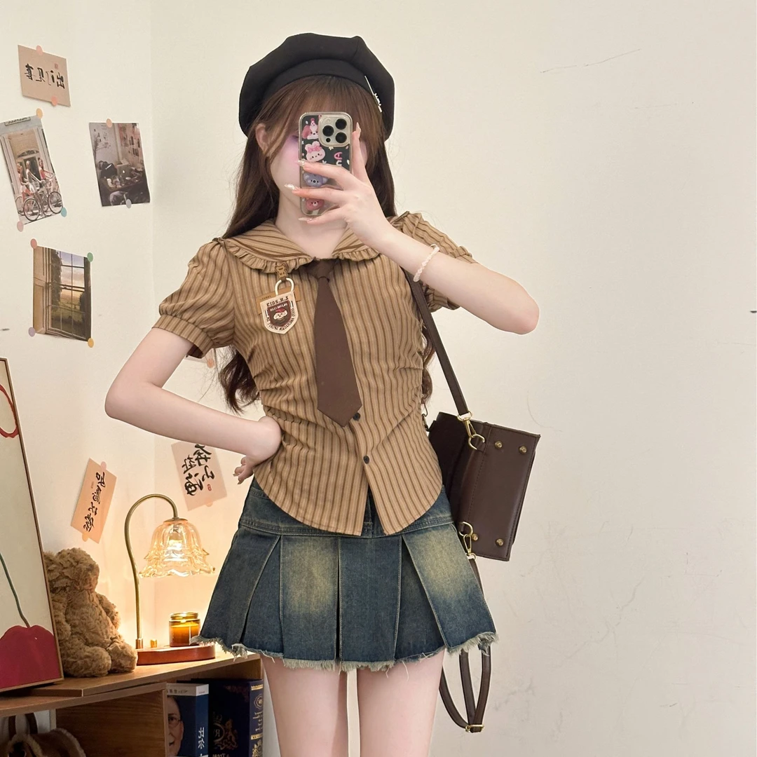 焦糖奶咖 织物猪原创 百褶裙复古减龄学院风海军领做旧裙制服