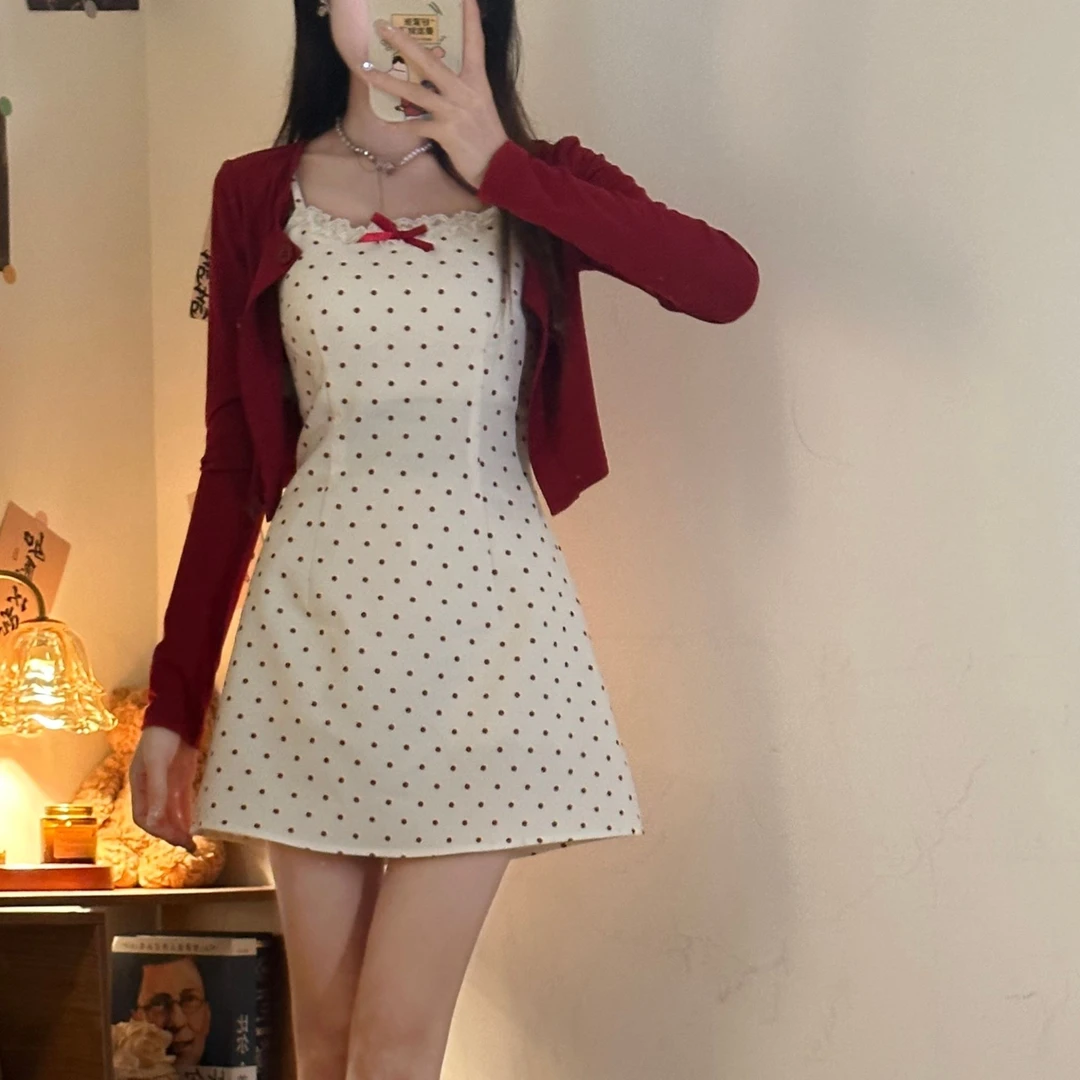 波波奶茶 织物猪原创实拍红色波点甜辣学院风收腰显瘦JK制服