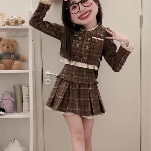 枫糖曲奇 织物猪原创 美式复古学院风美拉德棕格百褶裙JK制服