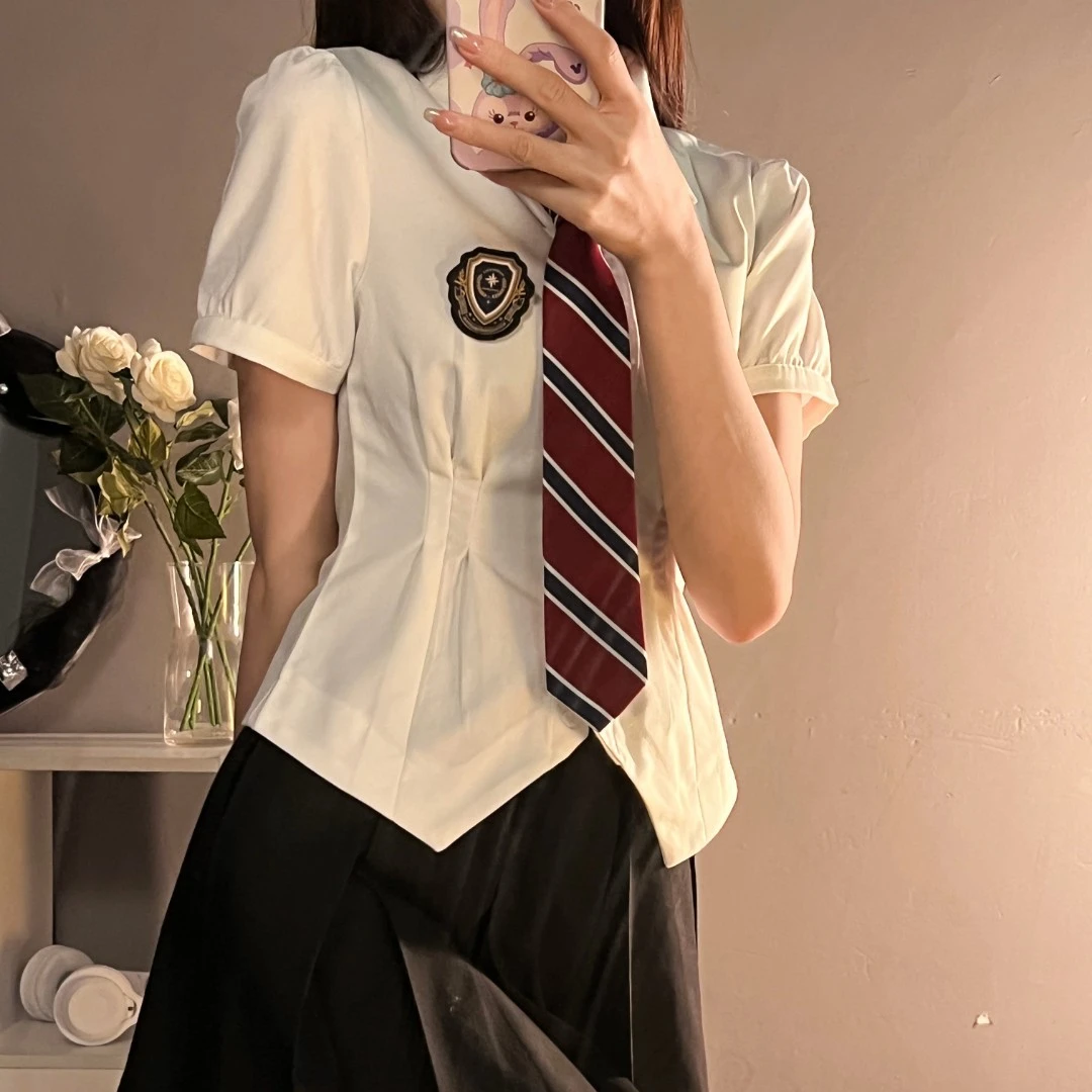 音奈女子 织物猪原创 白色收腰学院风 黑色箱褶裙学院风jk制服