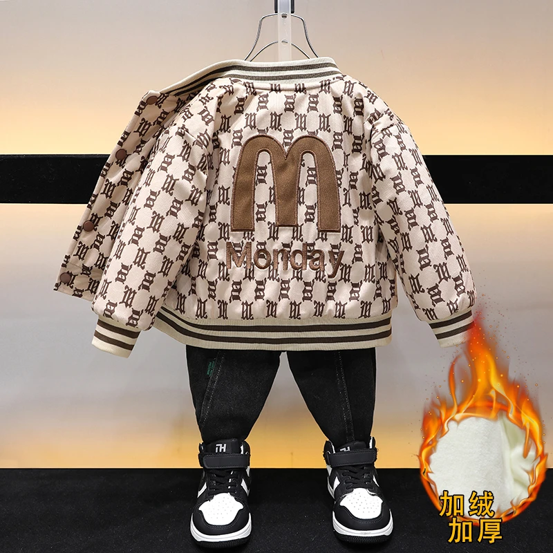 男童加绒外套秋冬季童装儿童衣服男孩夹克婴儿棒球服宝宝冬装棉衣