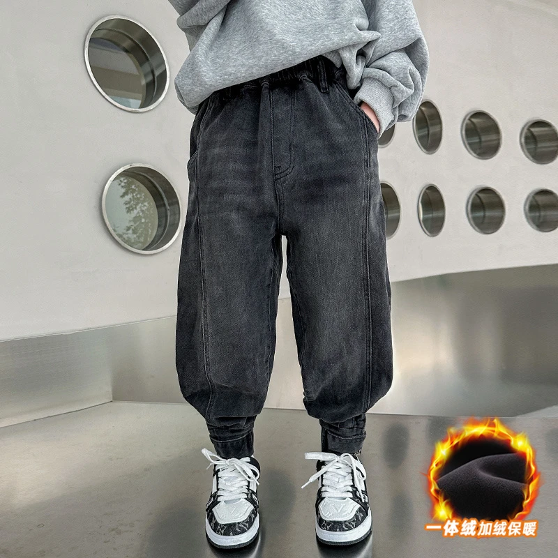 儿童装男童一体加绒裤子秋冬款2023新款生仔大童保暖冬季男孩加厚