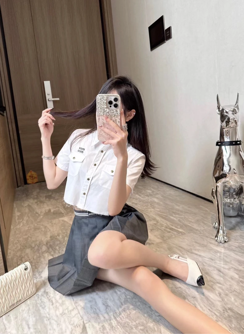 miumiu 缪缪 刺绣字母白色短袖衬衫 40码 全新原吊 001951