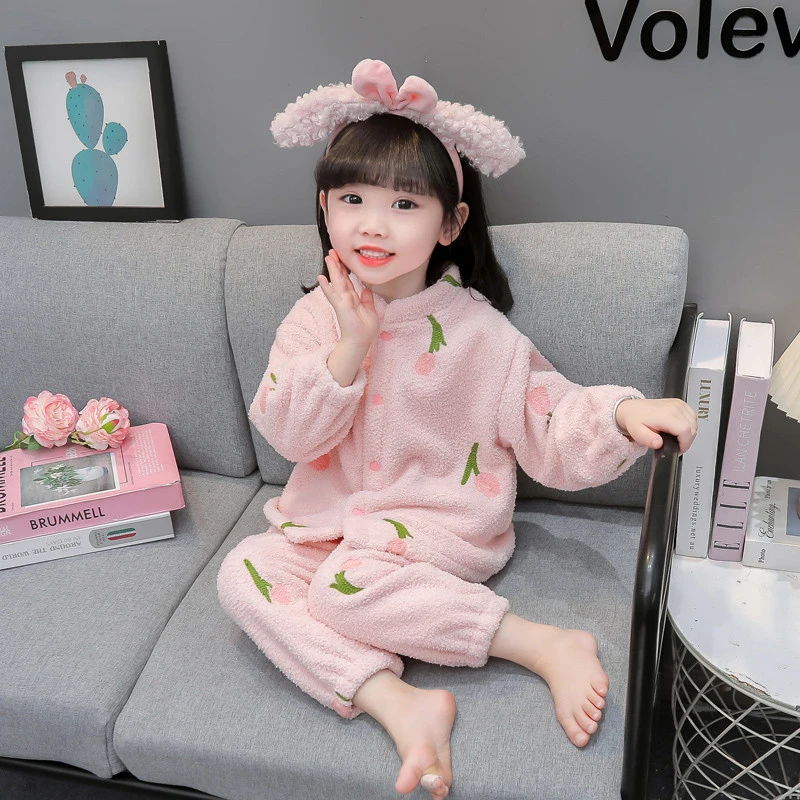 女童睡衣秋冬款珊瑚绒小公主花朵开衫加厚套装女孩冬季儿童家居服