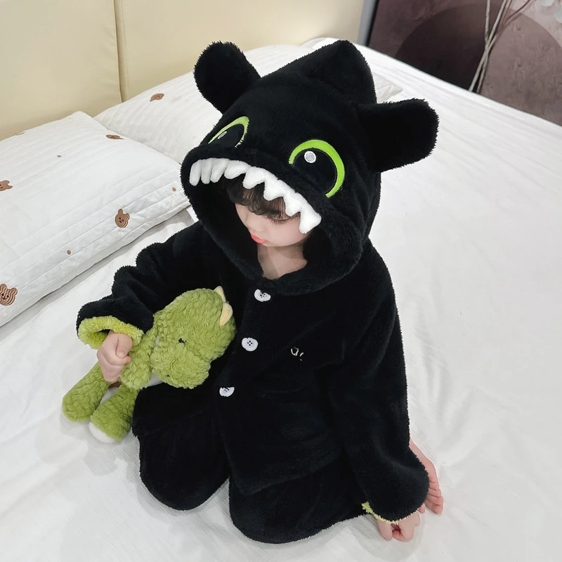 女童睡衣2024新款春秋冬珊瑚绒恐龙连帽女宝宝法兰绒保暖款式套装