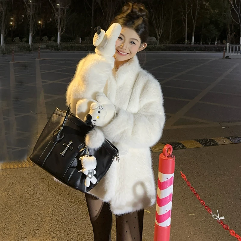 冬季新款富家千金宅女奶球加厚立领中长款时尚百搭网红款毛毛外套
