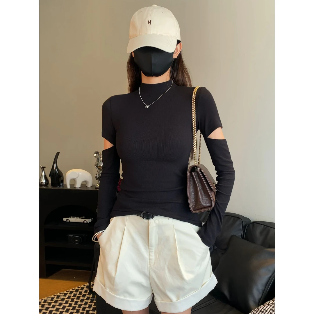 螺纹黑色半高领打底衫女春秋内搭设计感长袖t恤针织紧身破洞上衣