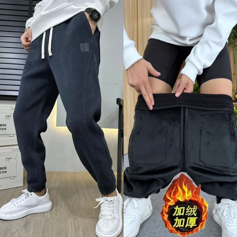 男士加绒裤子冬季新款加绒加厚束脚裤休闲裤宽松百搭刺绣高腰长裤