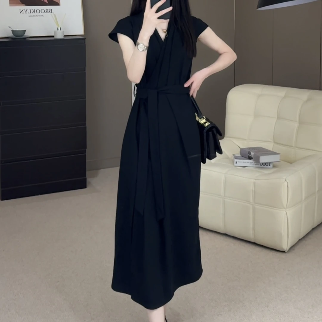 现货2025夏季新款休闲时尚优雅显瘦赫本风中长款女人味连衣裙S-XL