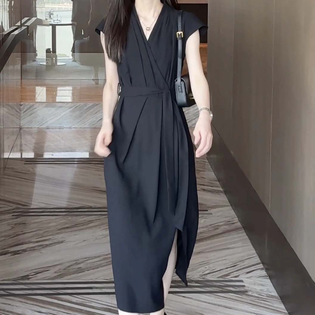 现货2024夏季新款休闲气质优雅显瘦系带纯色女士中长款连衣裙S-XL