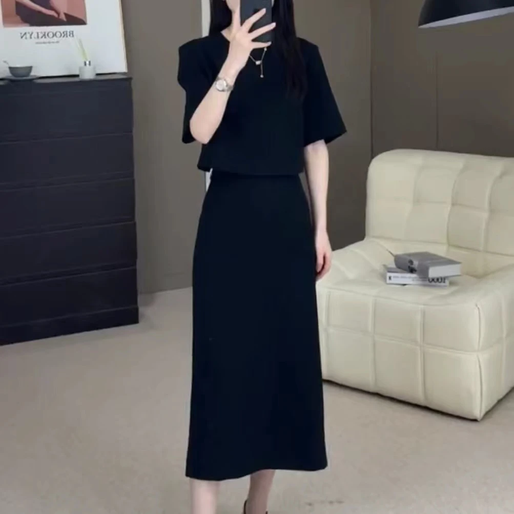 现货（两件套）2025夏季新款高品质休闲气质凉感黑色上衣+裙子S-XL