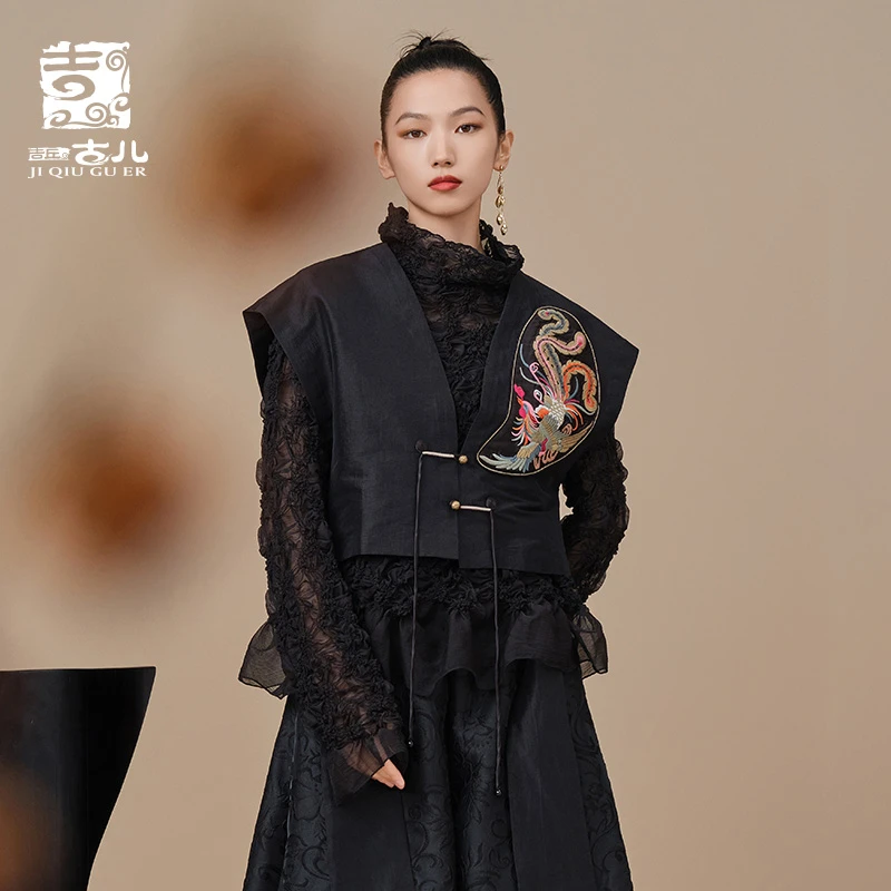 吉丘古儿中式凤纹翘肩马甲G231Y071重工刺绣V领国潮短款小马夹女
