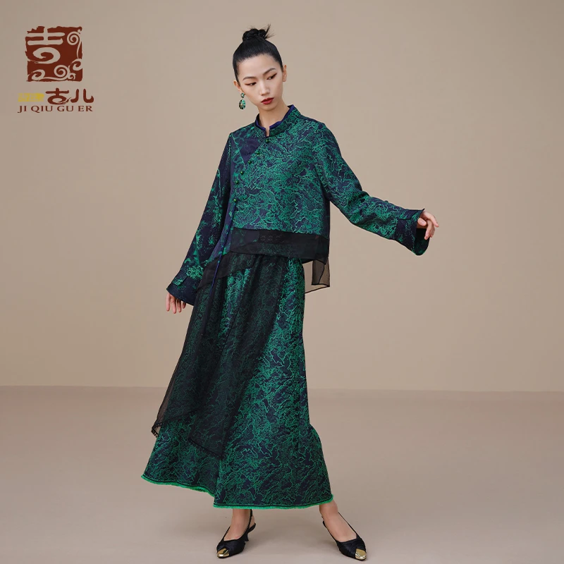 吉丘古儿翠微花语撞色提花衬衫G233Y015复古立领时尚显瘦长袖衬衣