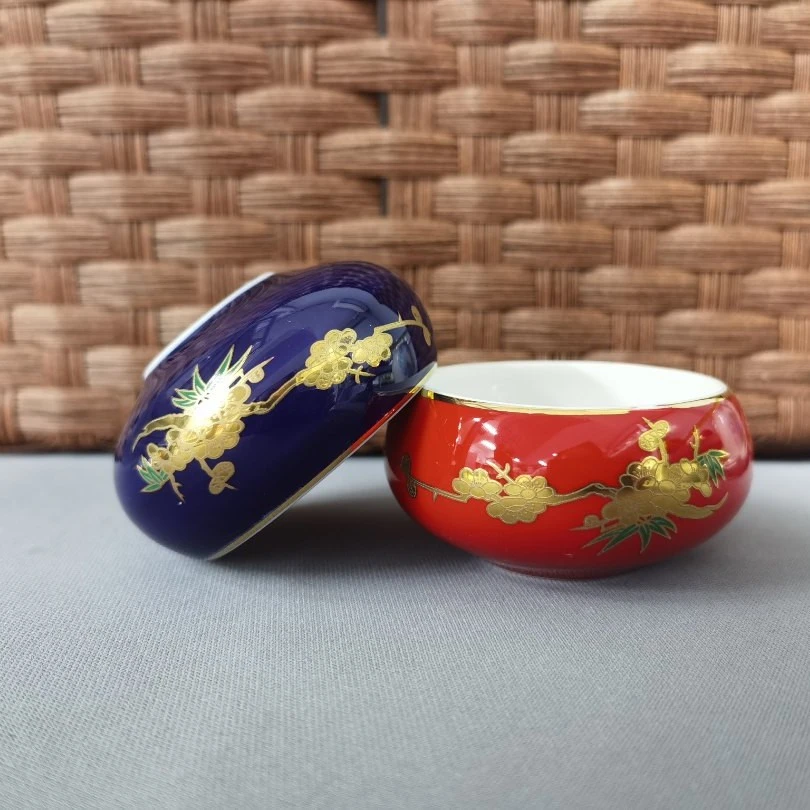 前程似锦手工描金陶瓷茶杯婚庆婚礼喜庆小酒杯家用主人杯红蓝对杯