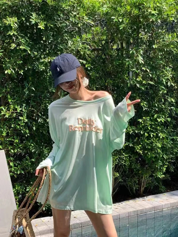 小e服饰夏季新款湖绿百搭防晒大版长袖圆领T恤时尚休闲透气