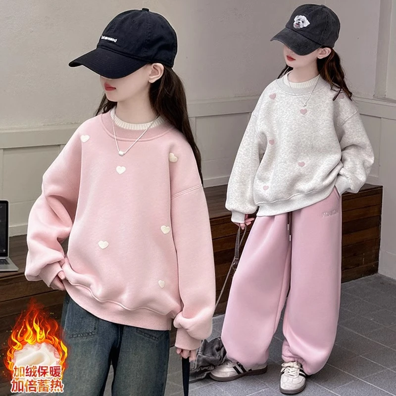 女童加绒卫衣秋冬款中大童半高领保暖上衣儿童打底衫初中生T恤潮