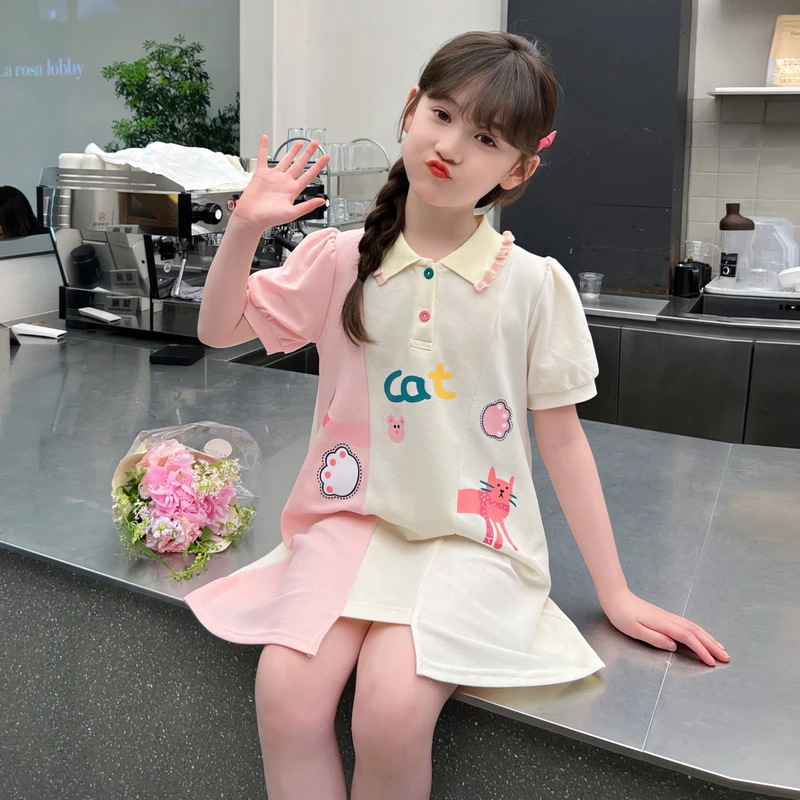 女大童夏季连衣裙2024新款女孩洋气韩版短袖polo裙网红拼色公主裙