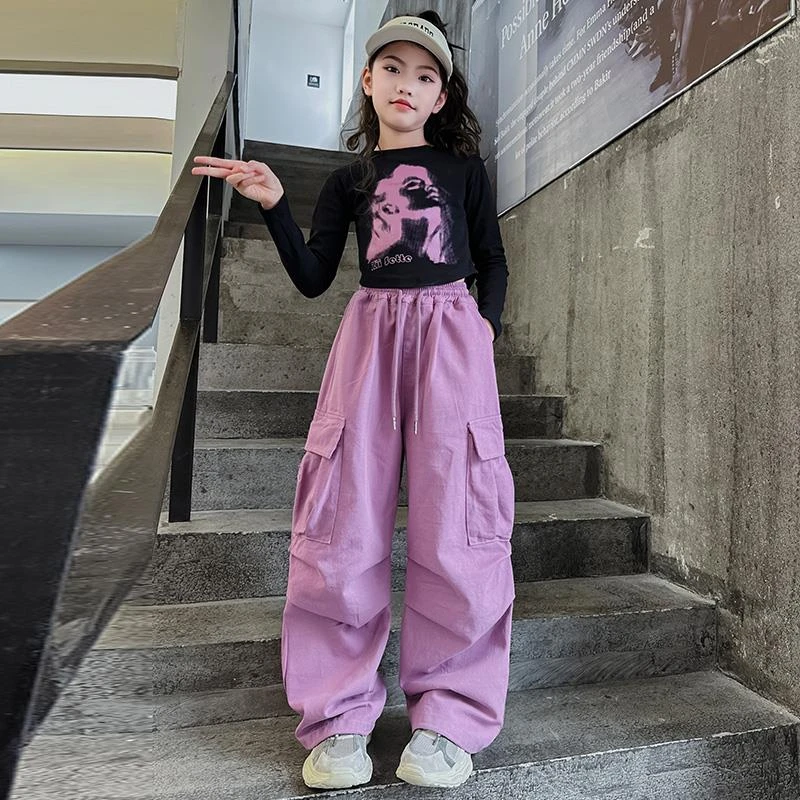 女孩网红炸街套装春季2024新款中大童工装裤早春韩系女童潮酷穿搭