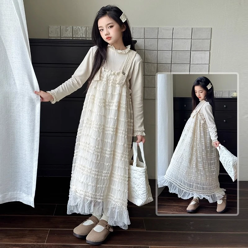 女童早秋连衣裙2024新款女大童秋季雪纺公主裙儿童秋装背带裙套装