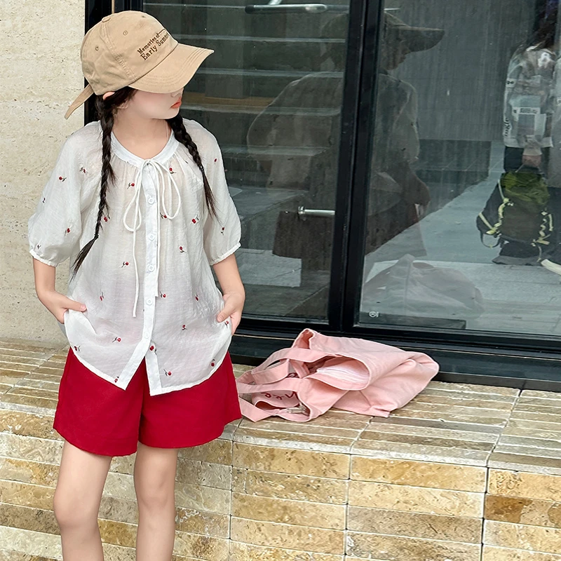 女童套装夏季2024新款中大童系带圆领衬衣防晒薄款短裤两件套韩版