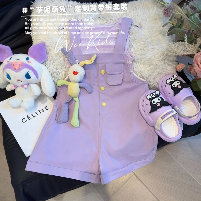 2024夏季新款女童紫色条纹背心打底萌趣可爱兔子玩偶背带裤套装潮