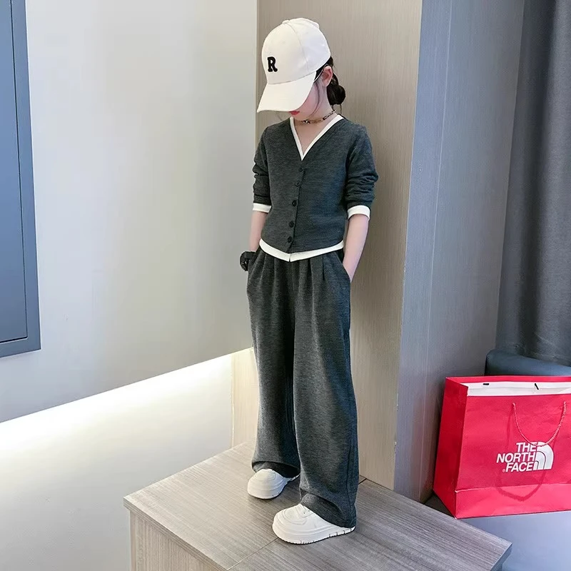 女童秋季套装2025新款休闲慵懒风儿童假两件针织阔腿裤两件套潮