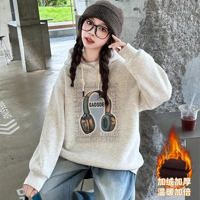 女童加绒卫衣秋冬2024新款洋气童装女孩加厚保暖大童秋装套头上衣