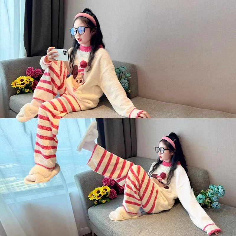 儿童半边绒睡衣2024新款初中生女孩秋冬保暖家居服女童加厚款套装