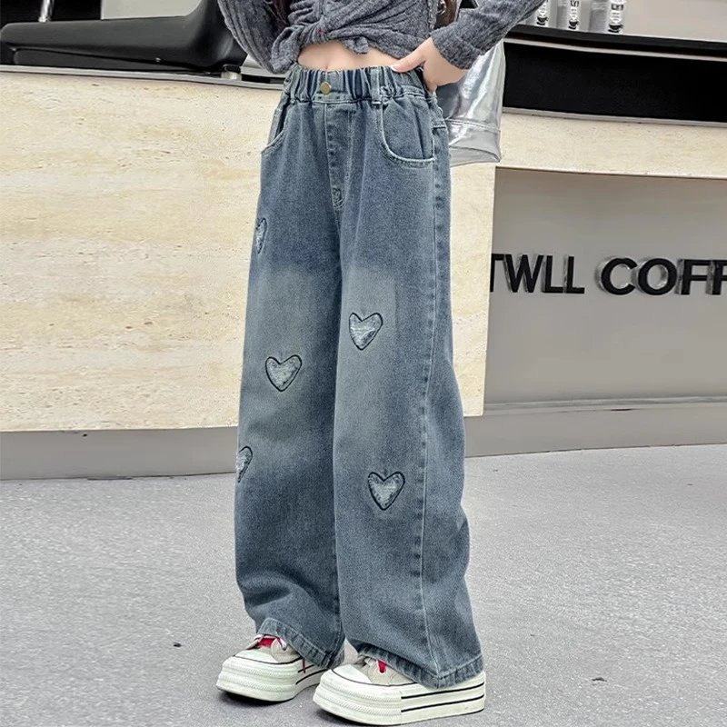 女童牛仔裤早秋童装2024新款大童裤子女初中生阔腿裤春秋儿童长裤