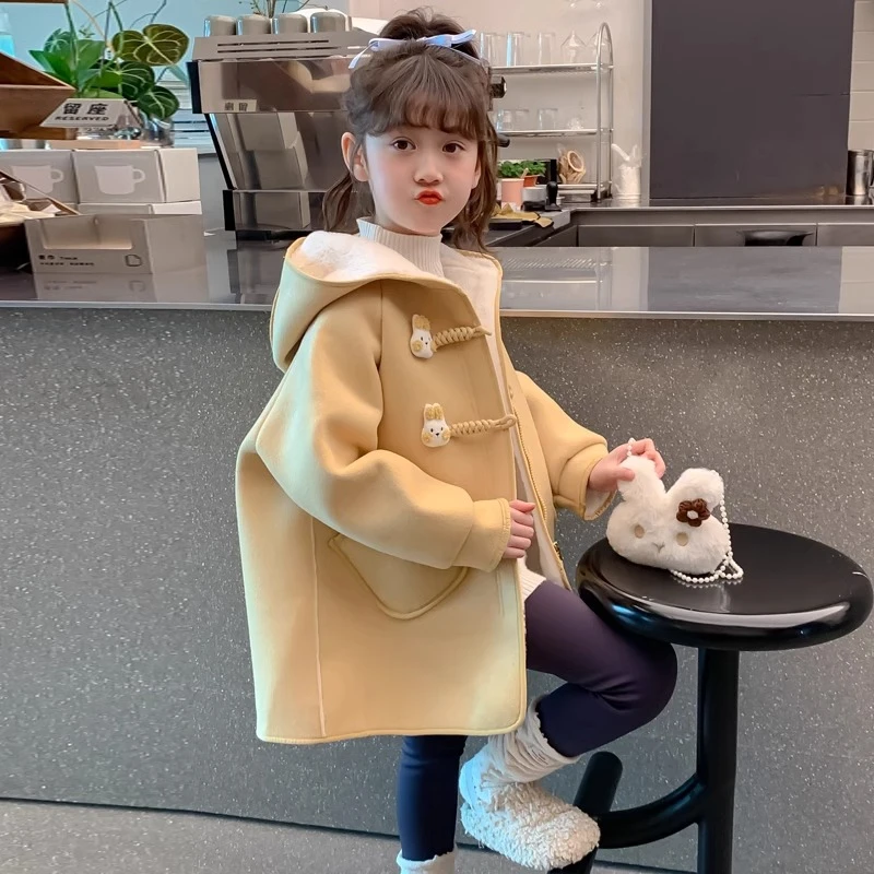女童秋冬装外套2025新款儿童女孩冬季加绒加厚中长款卡通毛呢大衣