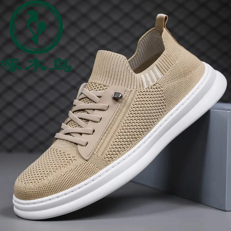 【正品】啄木鸟春季男士休闲鞋袜子鞋百搭一脚蹬中老年飞织鞋子男款