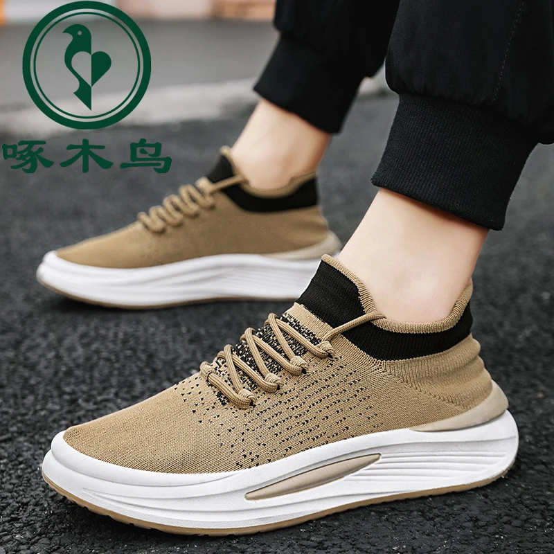 【正品】啄木鸟秋季男士休闲运动鞋百搭一脚蹬透气飞织袜子鞋子男款