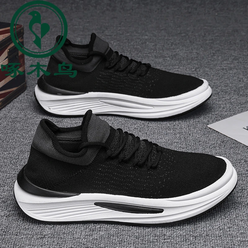 【正品】啄木鸟春季男士休闲运动鞋百搭一脚蹬透气飞织袜子鞋子男款