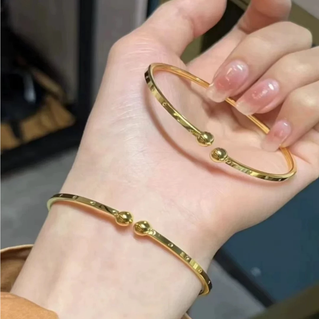 钛钢手镯 L6020不掉色 高级轻奢小众光面素圈C字活口可调节圆珠镯