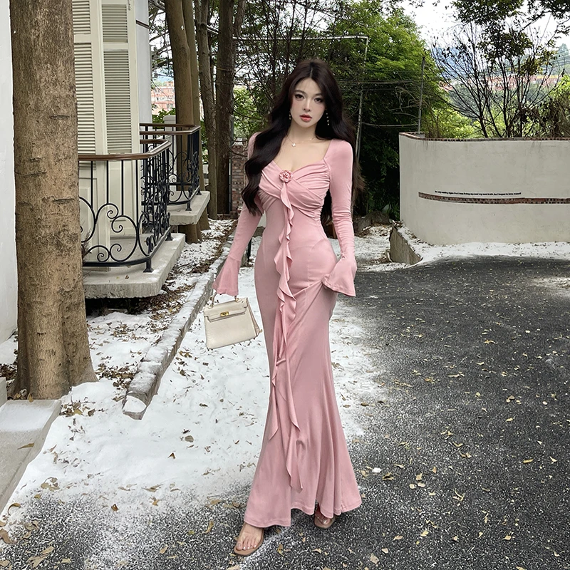 粉色性感纯欲花朵连衣裙时尚高级设计感御姐风长裙