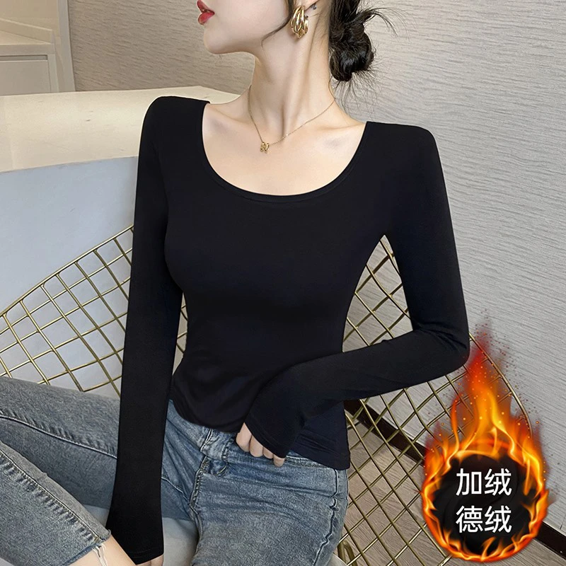 德绒加厚黑色打底衫女内搭秋冬无痕发热保暖洋气修身低领加绒上衣