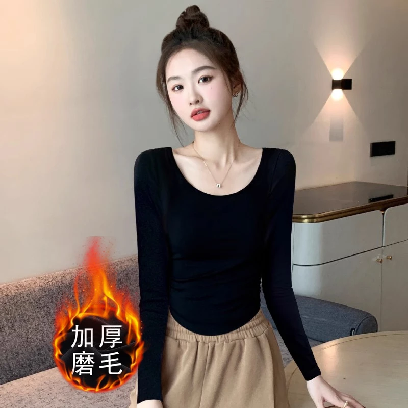 白色简约风设计感弧形下摆双面德绒保暖长袖女秋冬季内搭小众洋气