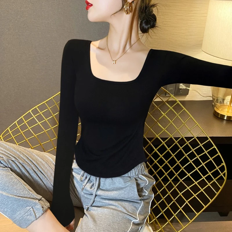 方领上衣女法式黑色长袖t恤低领白色打底衫显瘦修身春秋紧身内搭