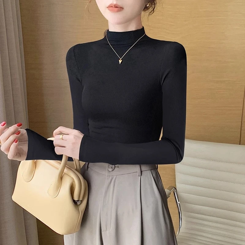 黑色半高领长袖t恤女内搭秋季2025新款洋气百搭紧身中领打底上衣