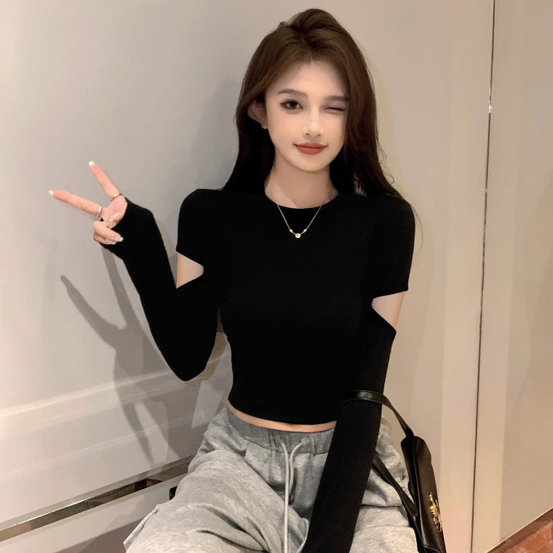 螺纹黑色半高领打底衫女春秋内搭百搭短款长袖t恤破洞紧身上衣潮