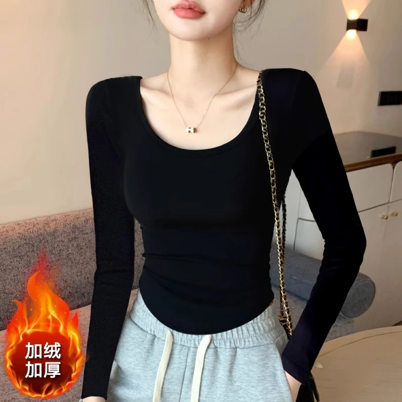 黑色圆领加绒加厚长袖打底衫女弧形下摆紧身上衣低领保暖秋冬内搭