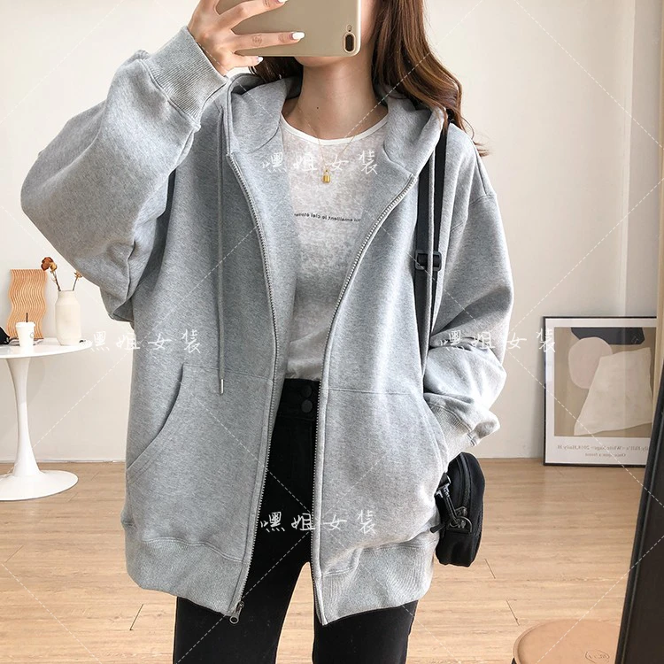加绒加厚拉链连帽卫衣女2023新款韩版百搭宽松慵懒显瘦外套绒衫
