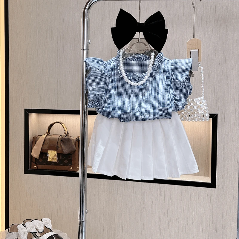 【现货】25儿童短袖套装童装女洋气夏季格子百褶女宝小童公主飞飞袖
