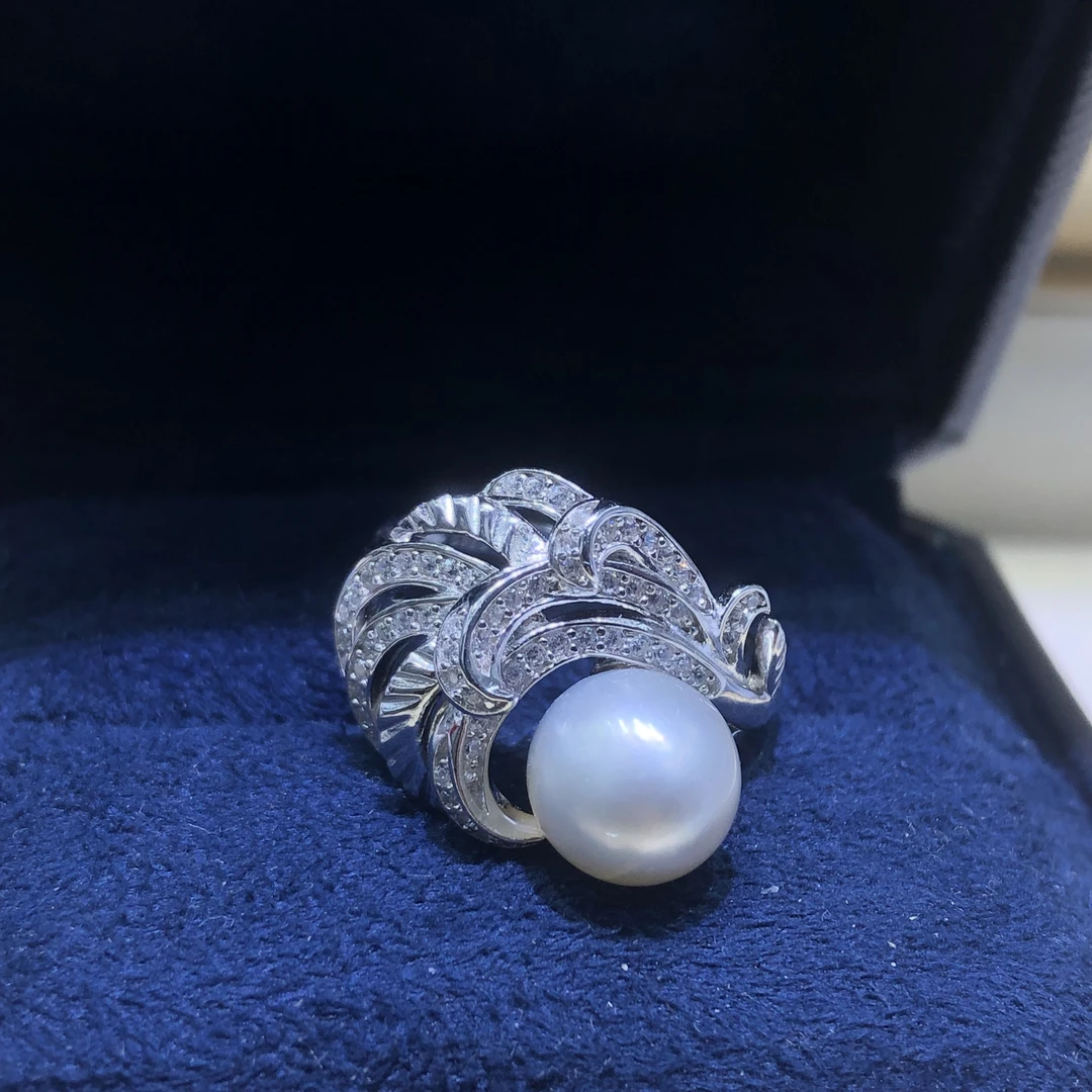 时宜珍珠如梦之翼 海水澳白珍珠8-9mm圆冷光S925银开口珍珠戒指